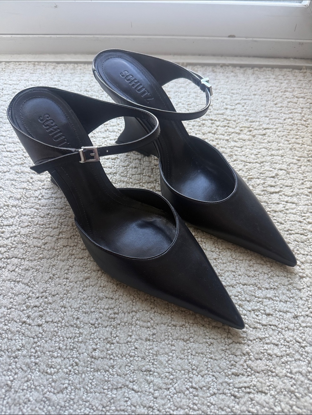 SCHUTZ Black Pointed-Toe Ankle-Strap Pumps